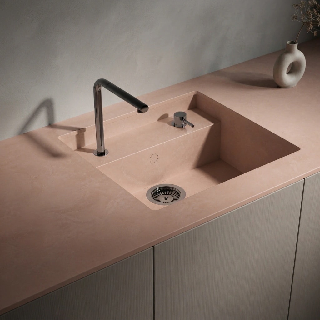Dekton Umber worktop with integrated sink, black tap and drainer