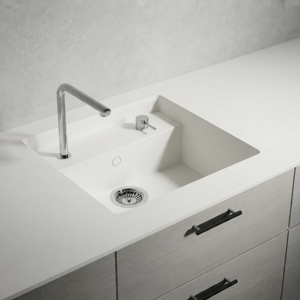 White Dekton Zenith worktop with integrated sink, tap and drawer unit