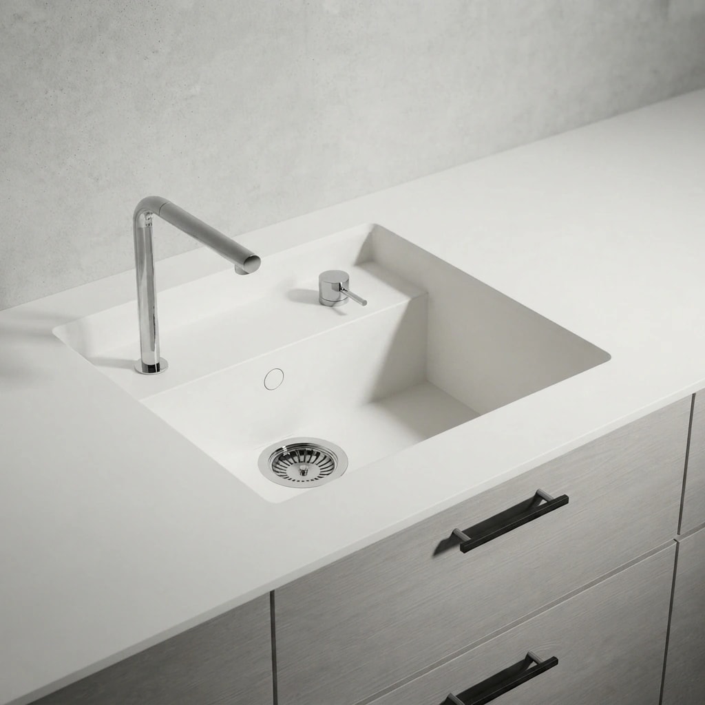 White Dekton Zenith worktop with integrated sink, tap and drawer unit