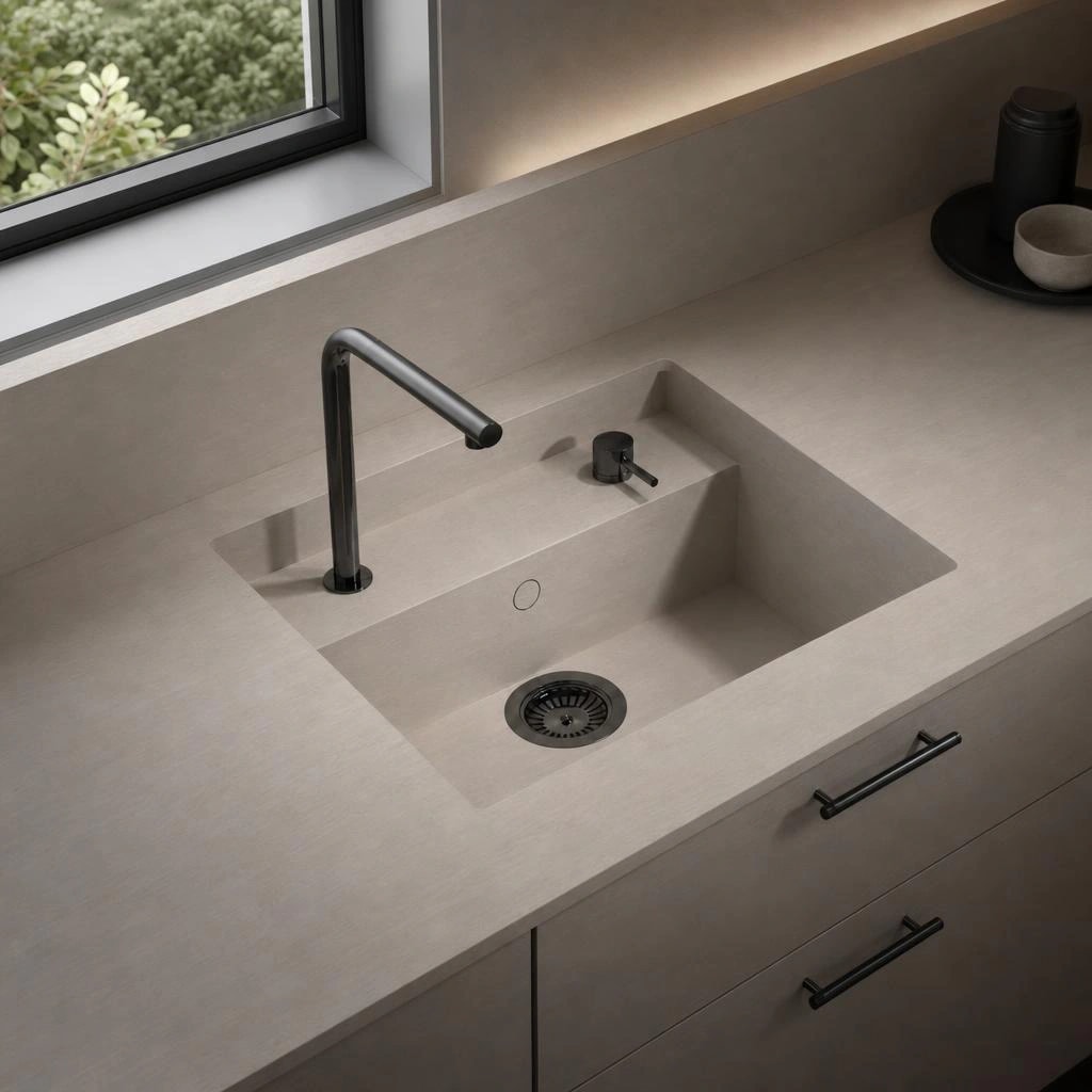 Dekton Saladeta worktop in Zira with integrated sink, black tap and dispenser