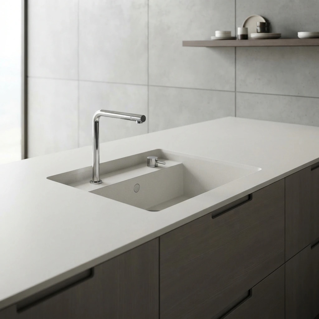 Weiße Silestone Blanco Maple Arbeitsplatte mit integriertem Spülbecken und verchromtem Wasserhahn