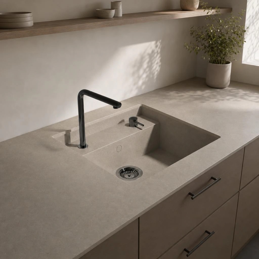 Silestone Brass Relish countertop with integrated sink and black faucet