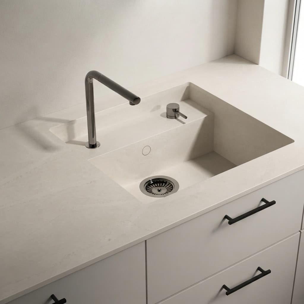 Silestone Calacatta Tova countertop with integrated sink and black tap