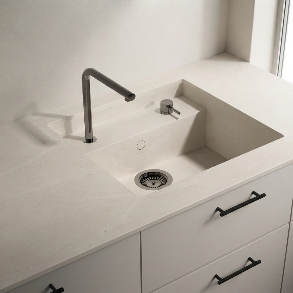 Silestone Calacatta Tova countertop with integrated sink and black tap