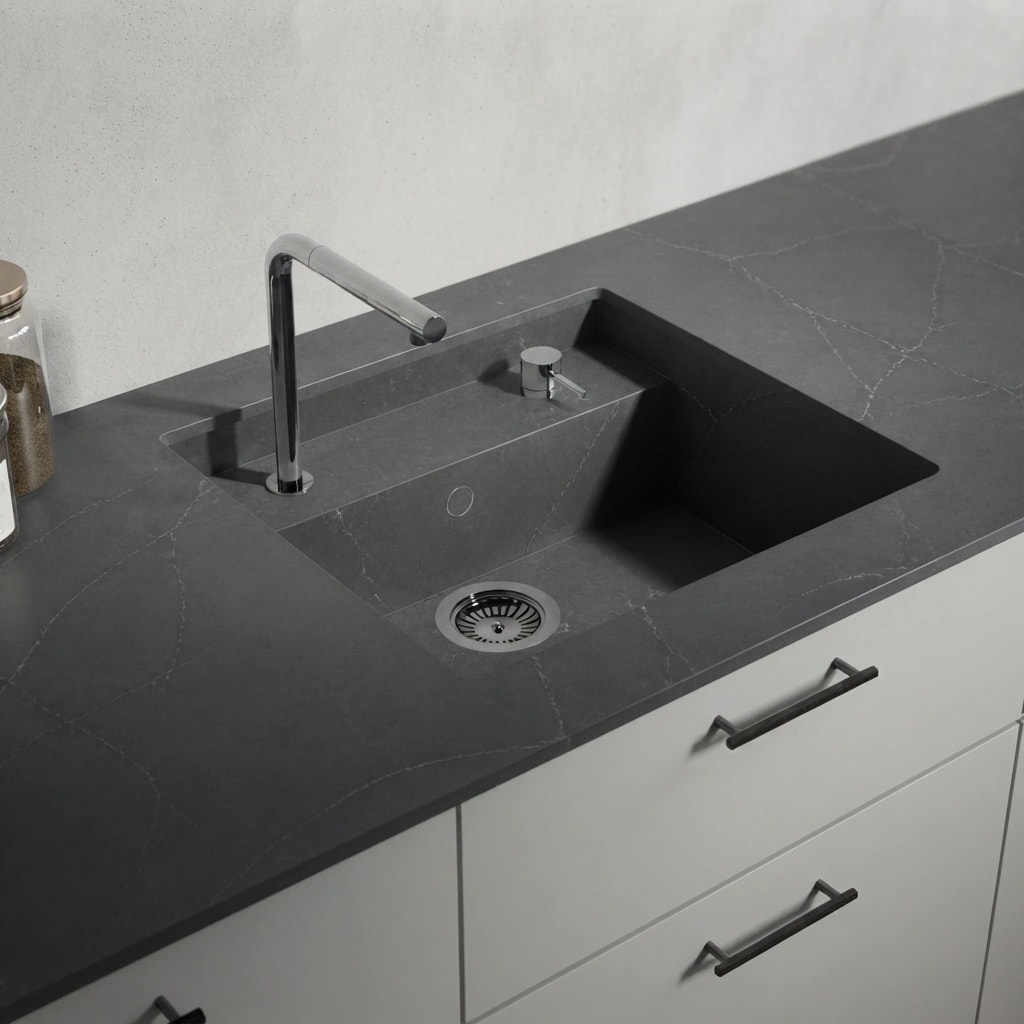 Silestone Charcoal Soapstone countertop with integrated sink and chrome faucet