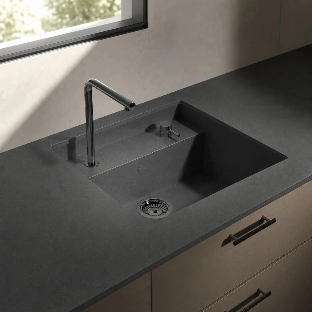 Schwarze Silestone Cinder Craze Arbeitsplatte mit integriertem Spülbecken und Armatur in einer Küche