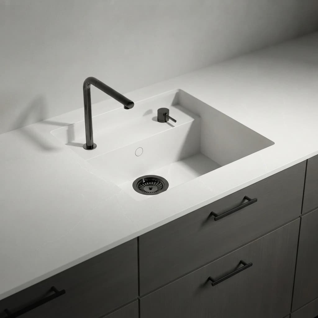 Silestone Desert Silver worktop with integrated sink, black tap and grey kitchen cabinet