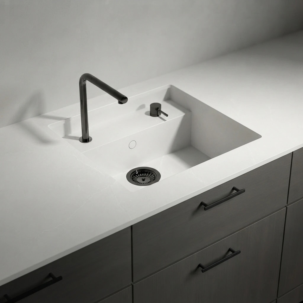 Silestone Desert Silver worktop with integrated sink, black tap and grey kitchen cabinet