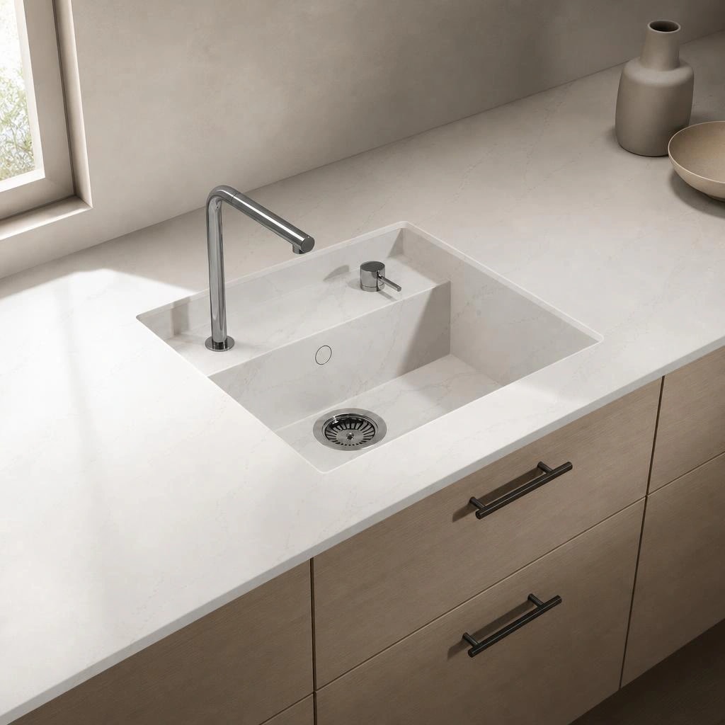 White Silestone Et Calacatta Gold worktop with integrated sink, chrome tap and kitchen cabinets