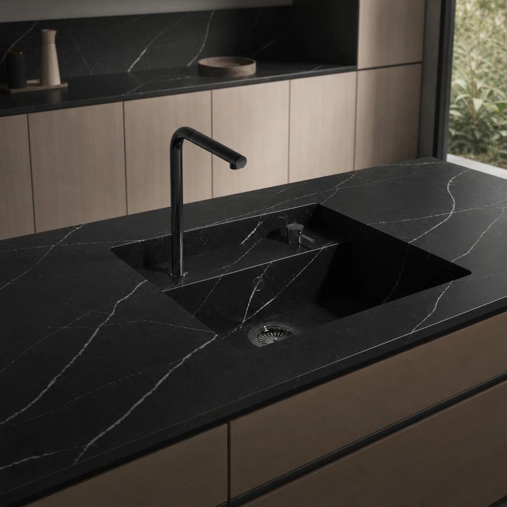 Black Silestone Et Marquina countertop with integrated sink and black tap