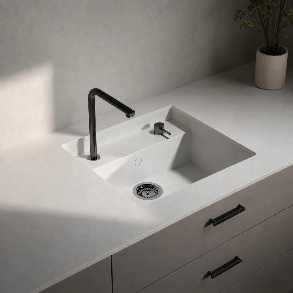White Silestone Et Statuario countertop with integrated sink, black tap and drawers