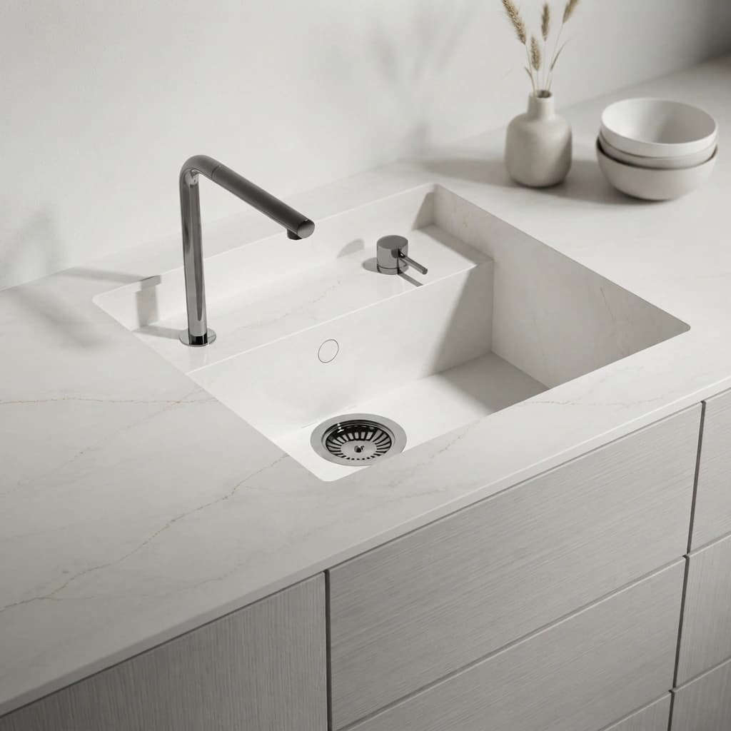 White Silestone Ethereal Glow worktop with integrated sink and chrome tap