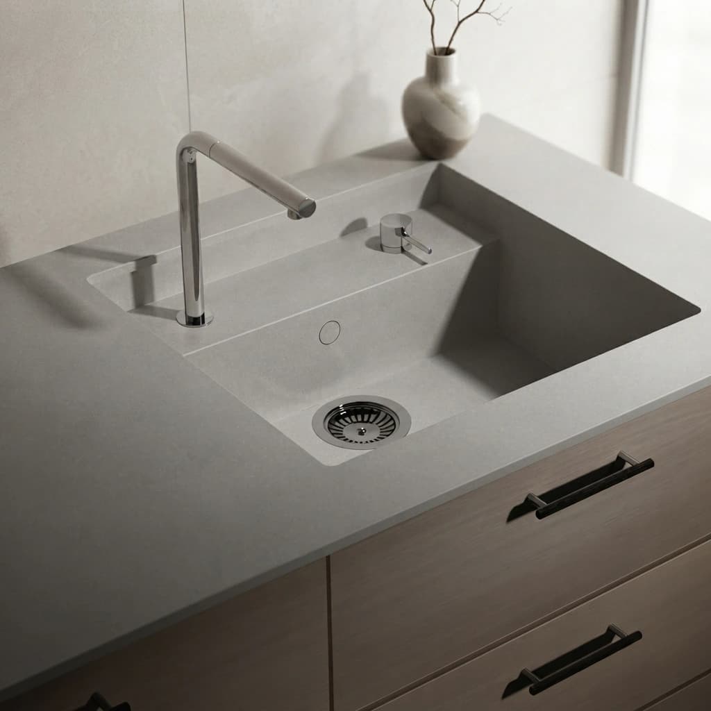 Silestone Ffrom01 countertop with integrated sink and chrome faucet
