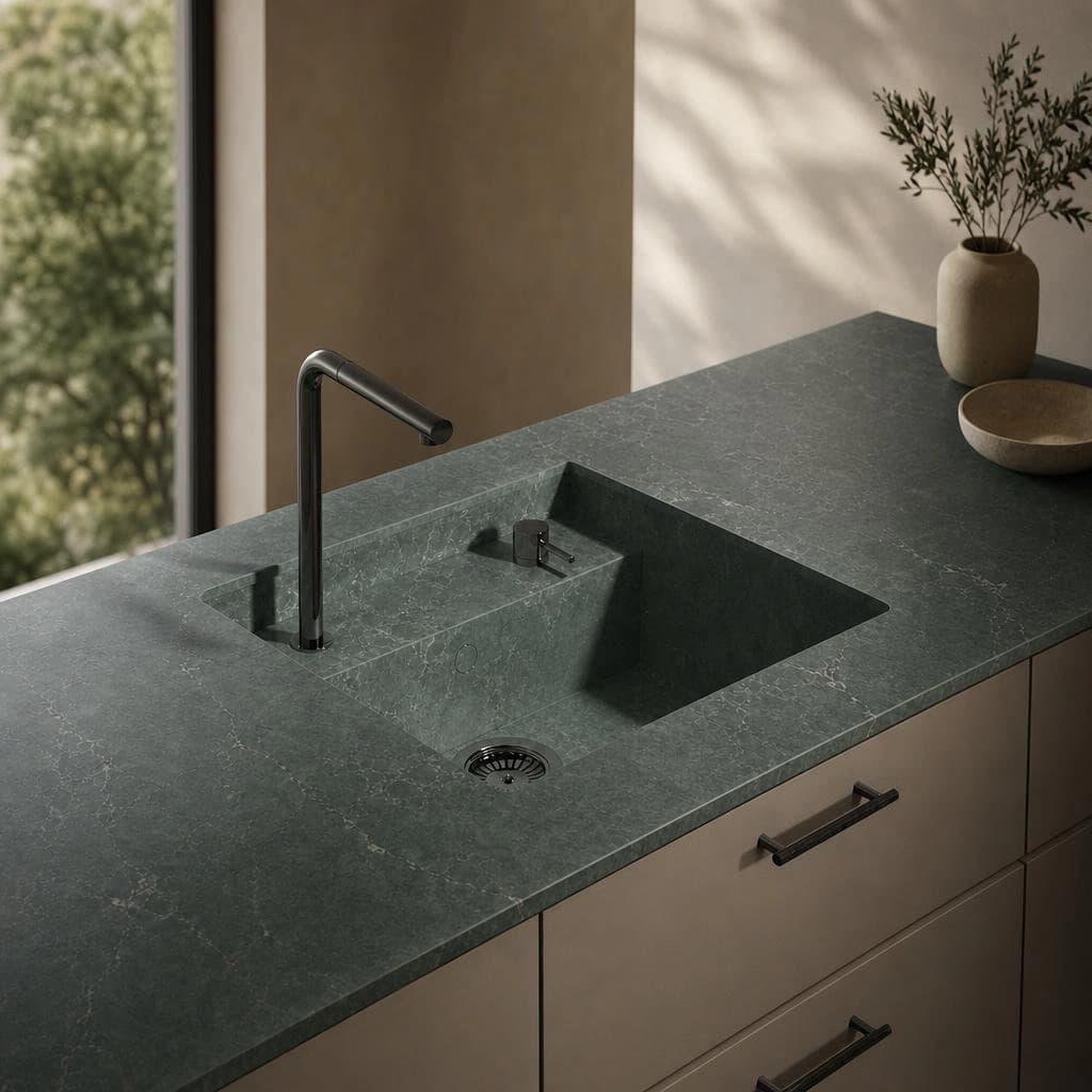 Silestone Jardin Emerald Arbeitsplatte mit integriertem Spülbecken und schwarzer Armatur
