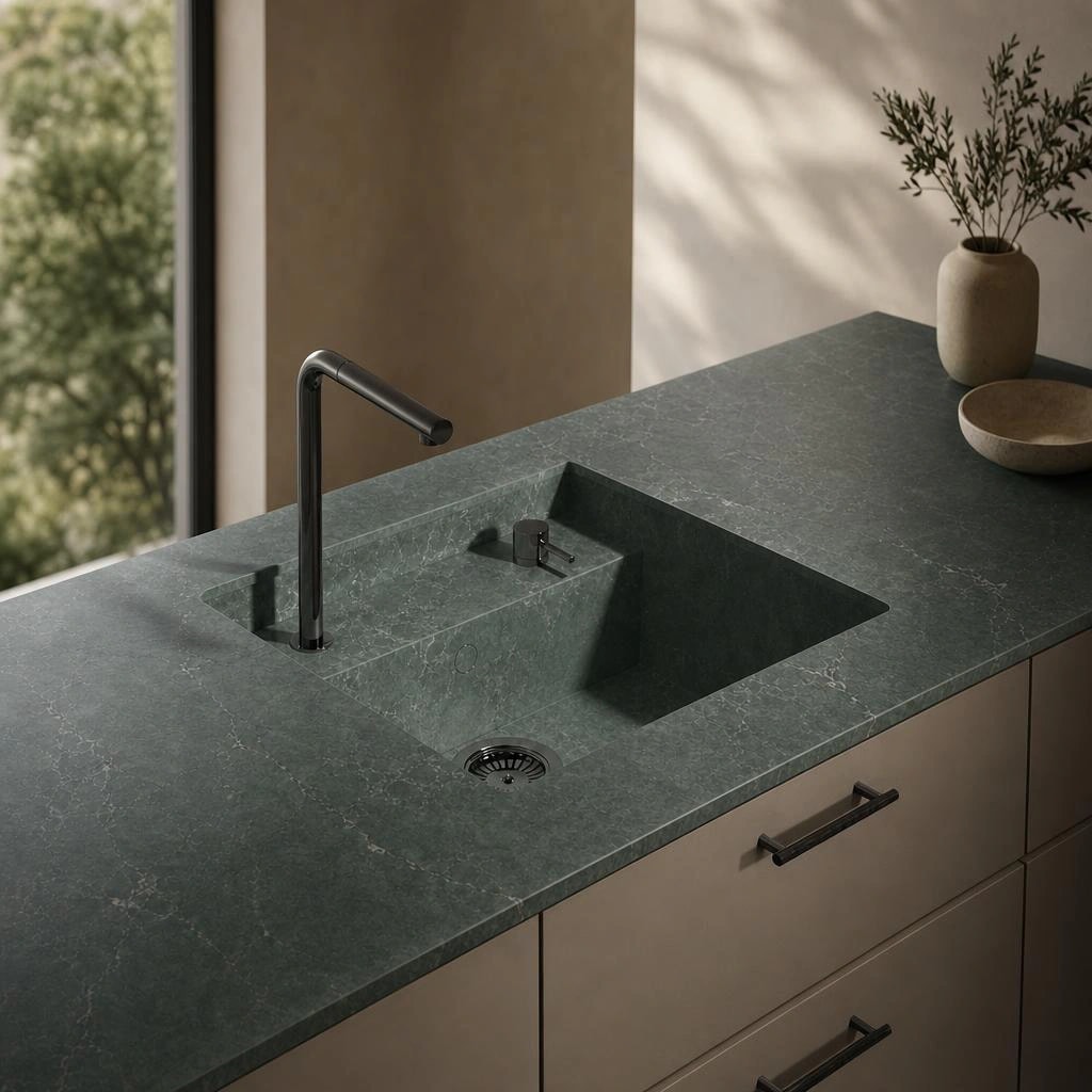 Silestone Jardin Emerald countertop with integrated sink and black tap