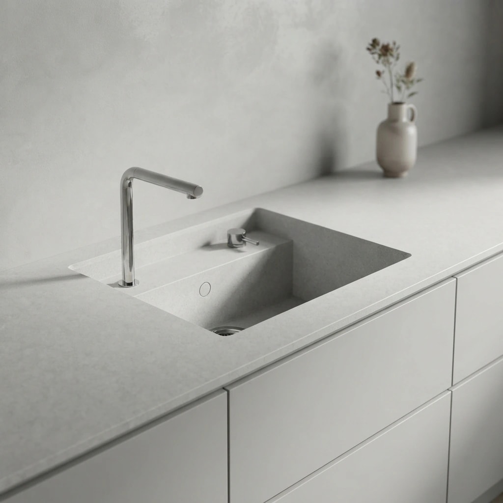 Silestone Lagoon countertop with integrated sink and faucet in a white kitchen
