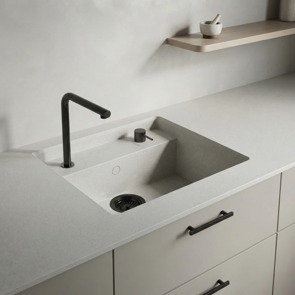 Silestone Lime Delight countertop with integrated sink, black tap and light-coloured cabinetry