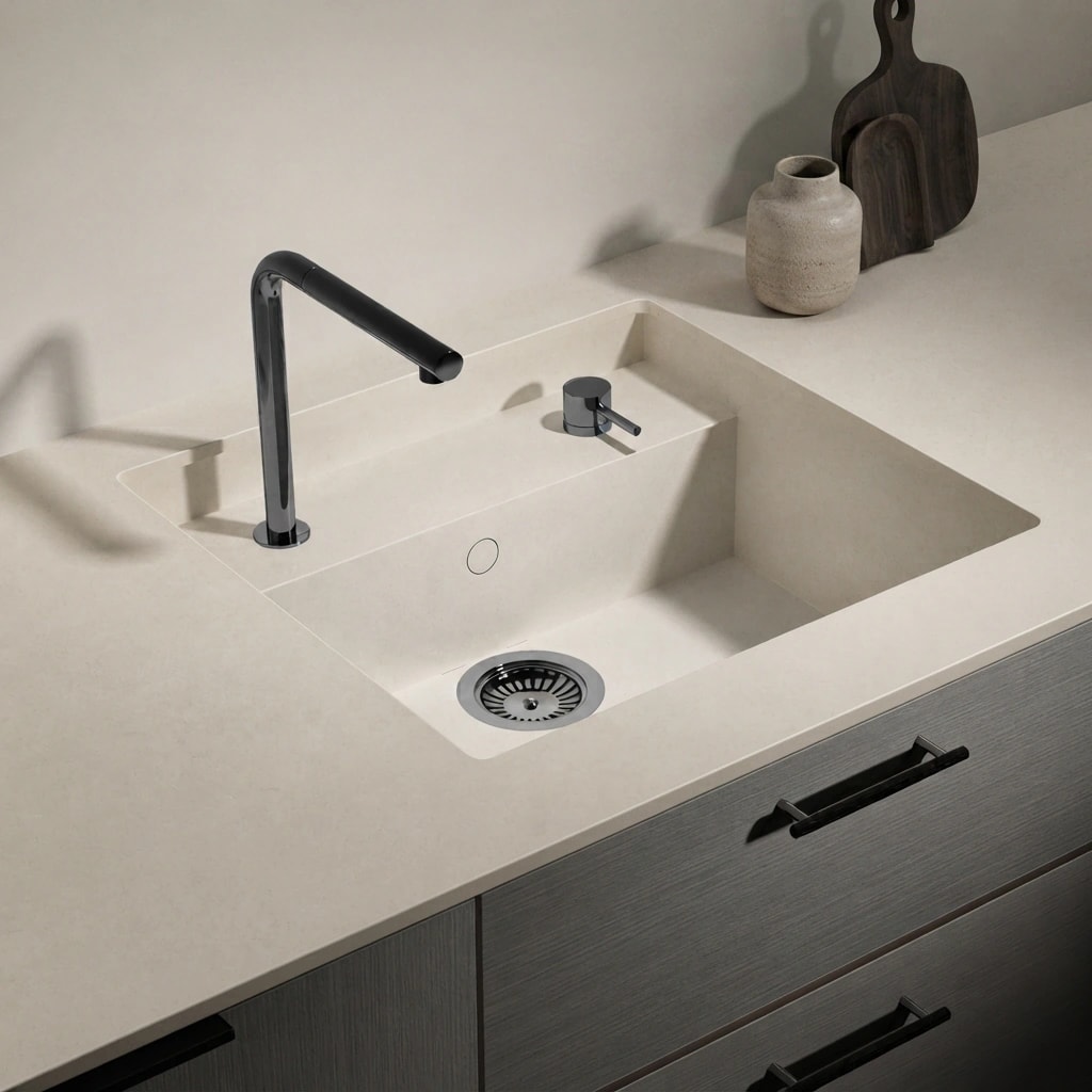 Silestone Linen Cream worktop with integrated sink, black tap and dark drawers