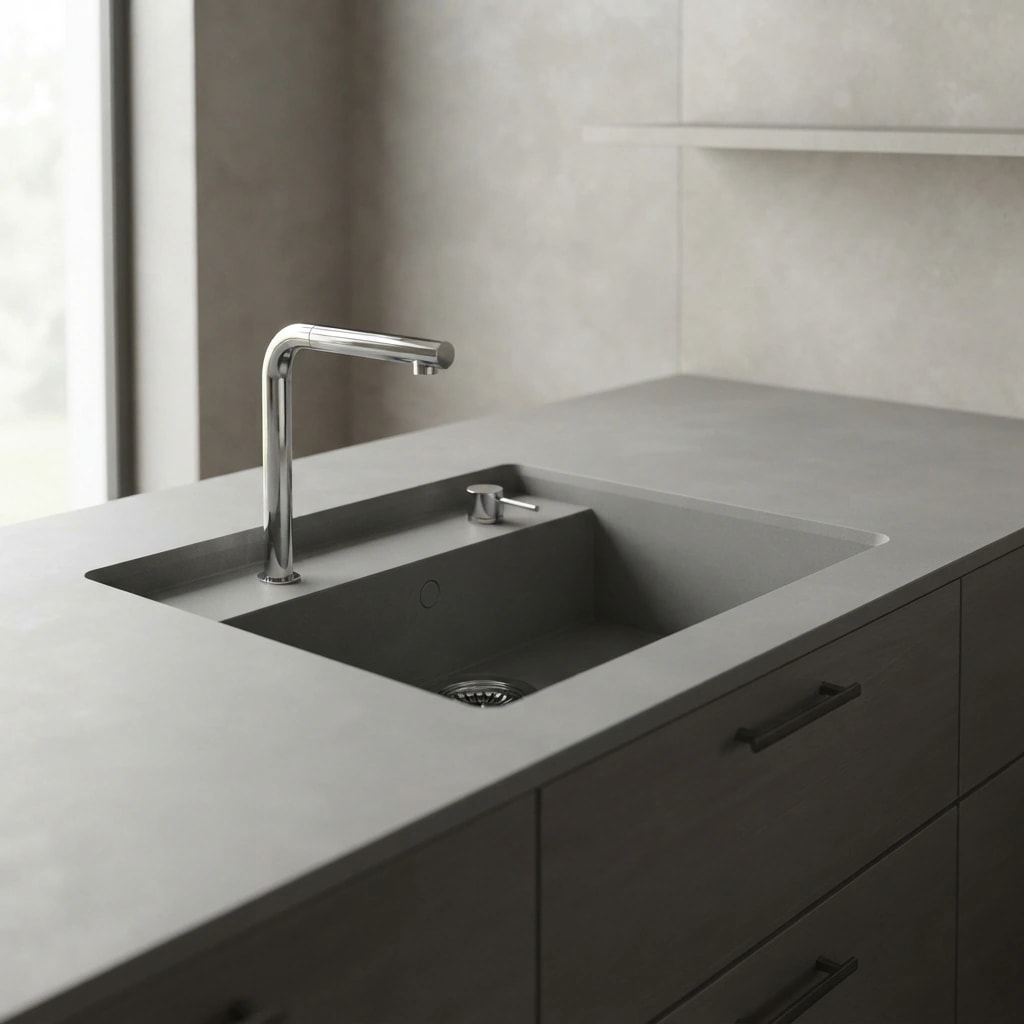 Silestone Marengo countertop with integrated sink and chrome faucet