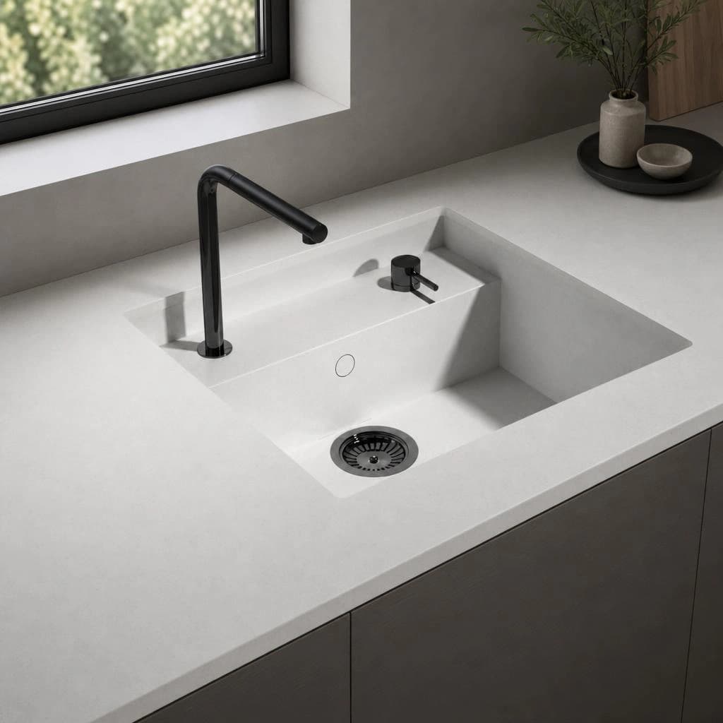 Silestone Miami Vena Arbeitsplatte mit integriertem Spülbecken und schwarzer Armatur