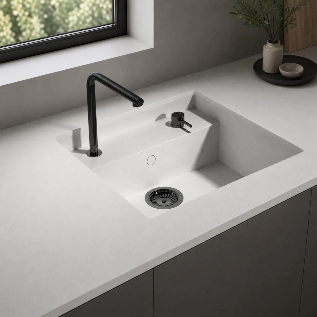 Silestone Miami Vena countertop with integrated sink and black tap