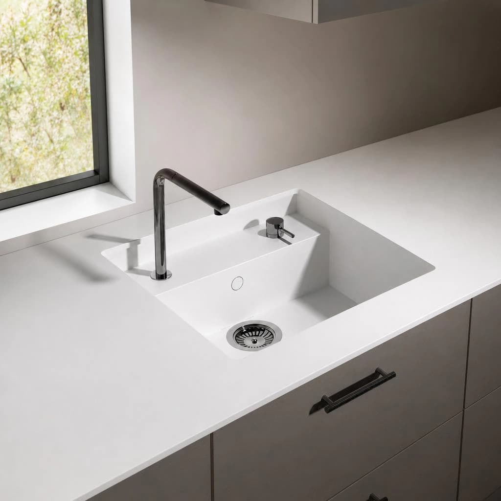 White Silestone Miami White countertop with integrated sink and black tap