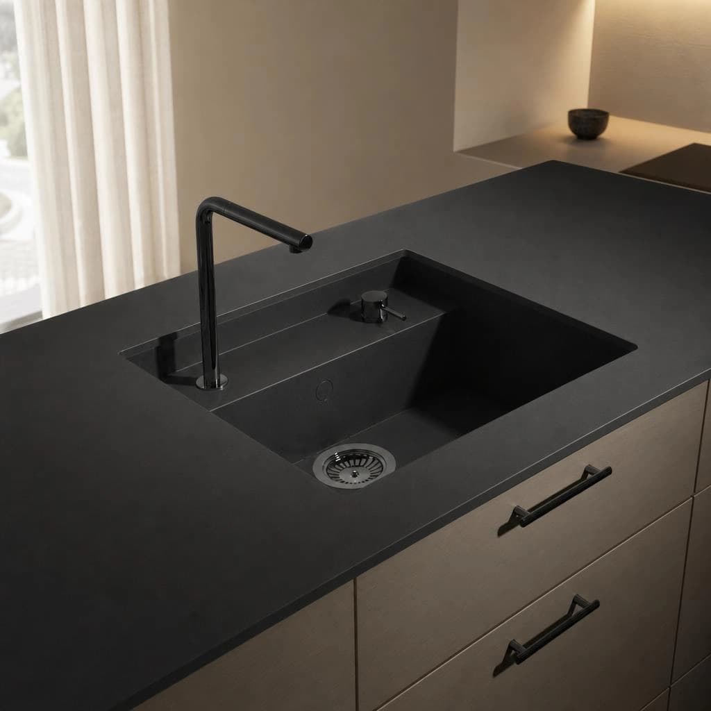 Black Silestone Night Tebas18 countertop with integrated sink and black tap