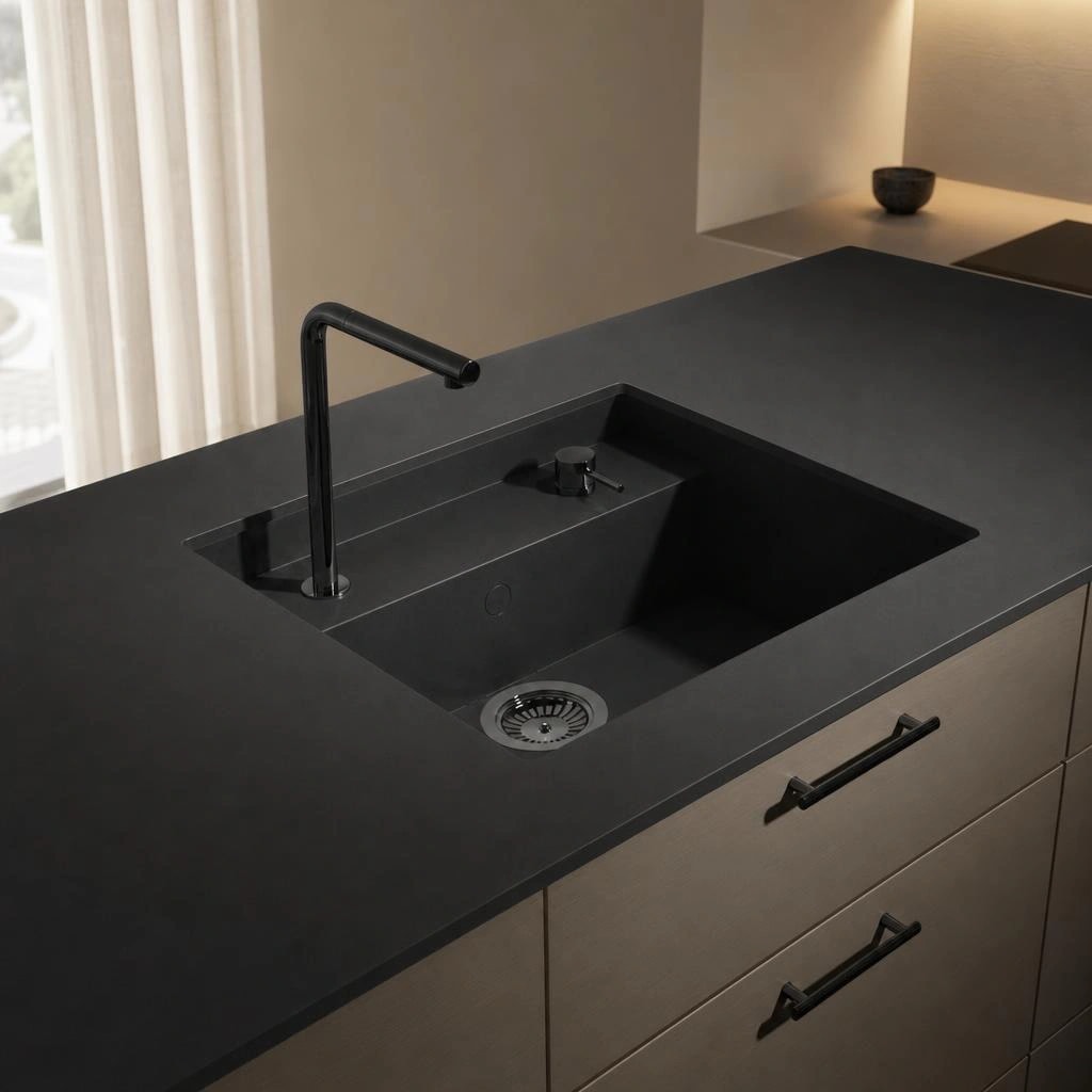 Black Silestone Night Tebas18 countertop with integrated sink and black tap