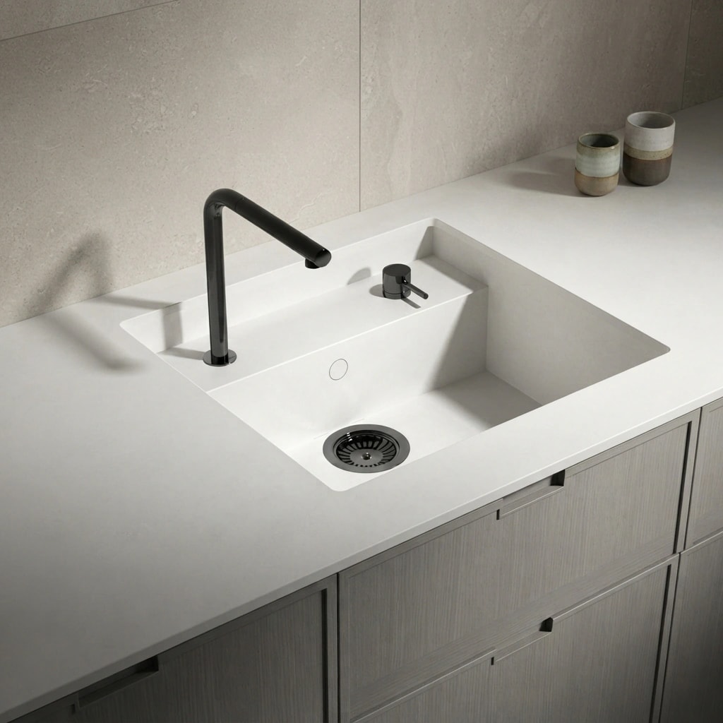 White Silestone Nolita countertop with integrated sink, black tap and light-coloured base cabinet