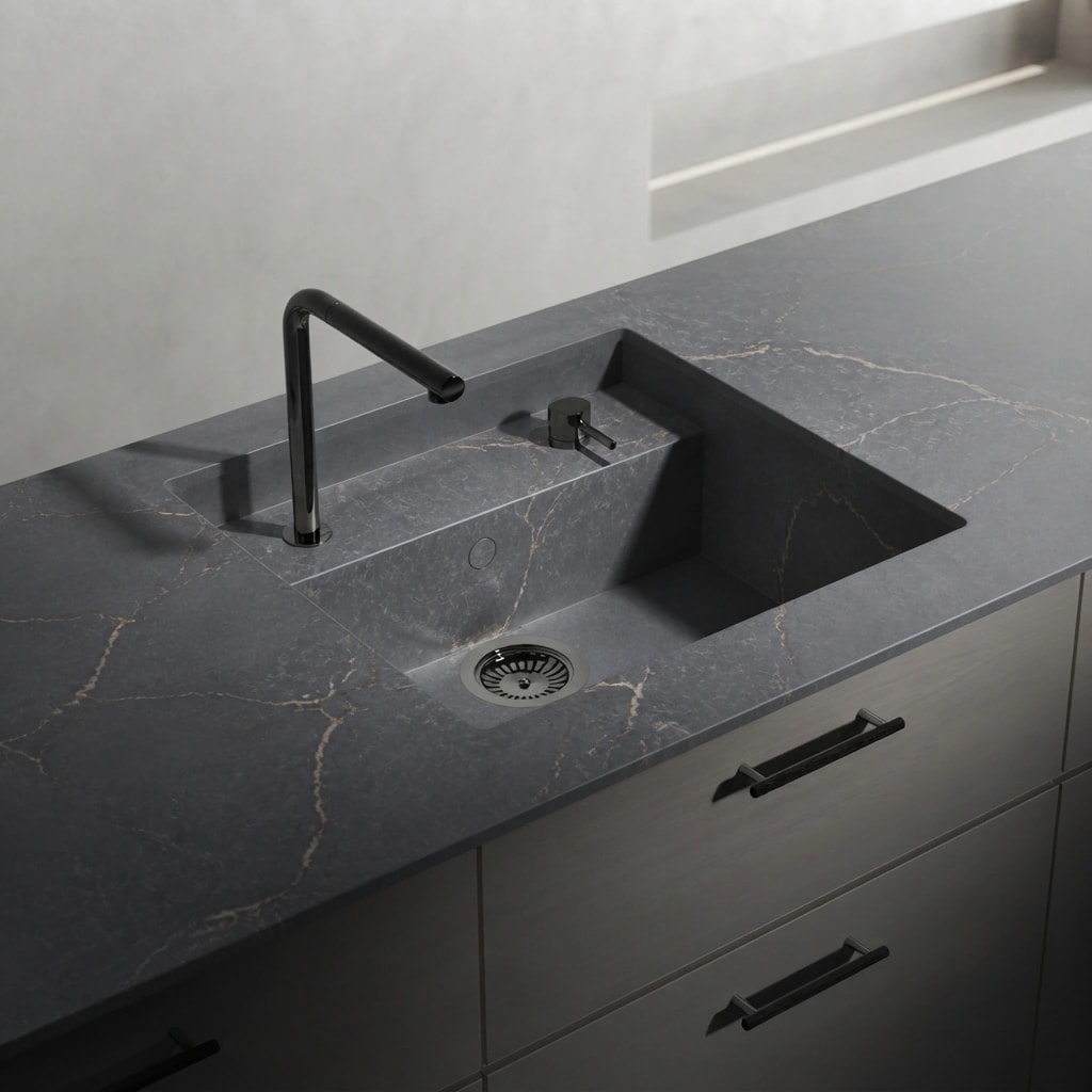Silestone Parisien Bleu countertop with integrated sink and black faucet