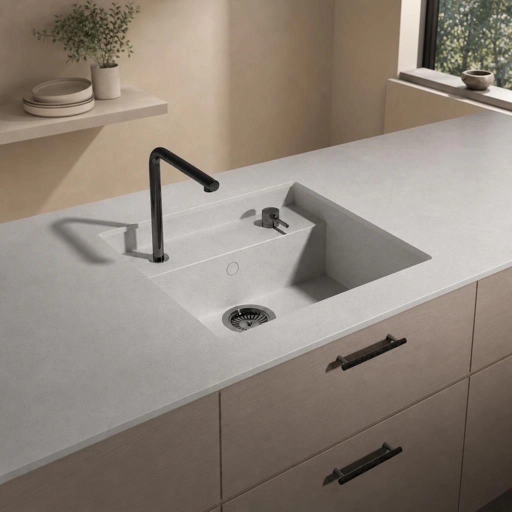 Light Silestone Pearl Jasmine worktop with integrated sink and black tap