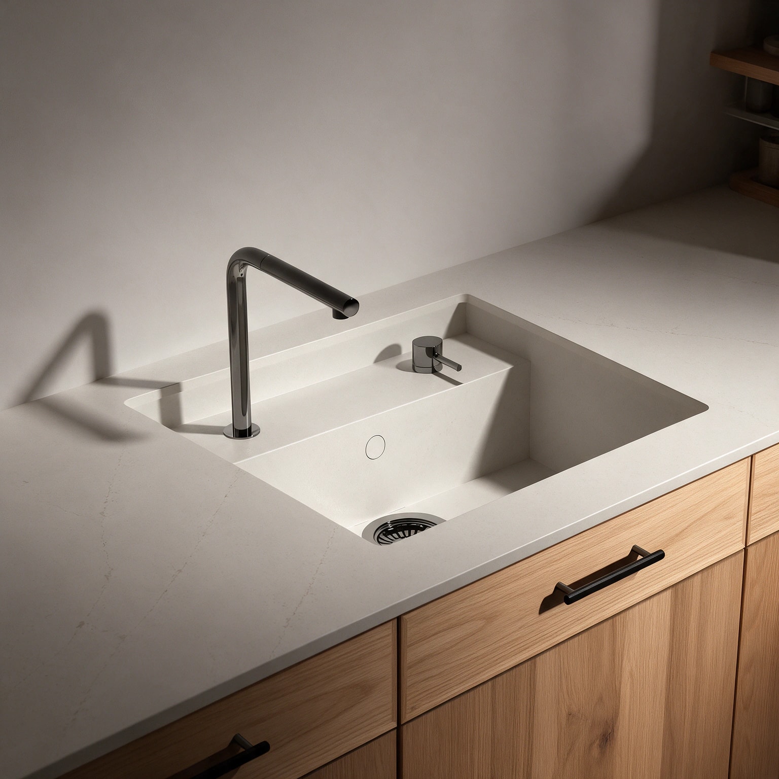 Saladeta sink integrated into a Silestone Persian White kitchen countertop.