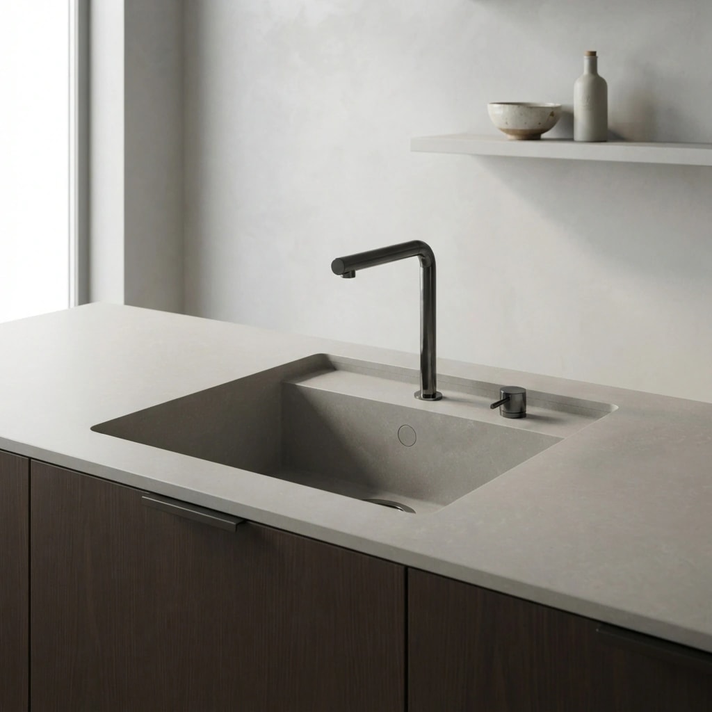 Silestone Poblenou countertop with integrated sink and black tap