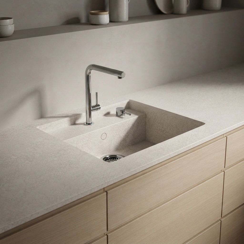 Silestone Rivière Rose countertop with integrated sink and chrome faucet