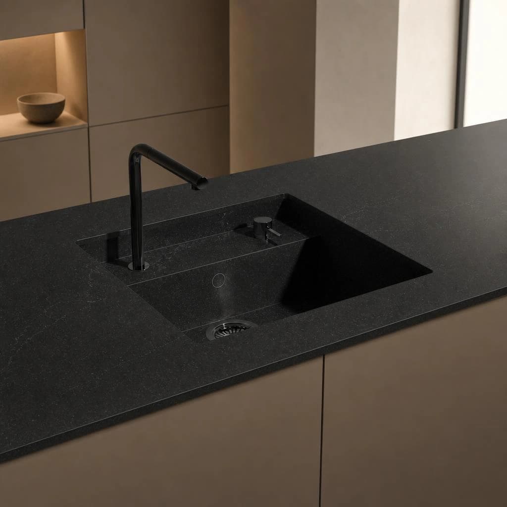 Silestone Romantic Ash countertop with integrated black sink and black tap