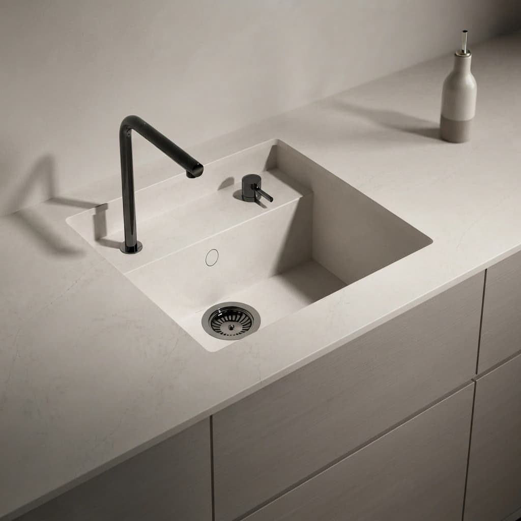Silestone Siberian Arbeitsplatte mit integriertem Spülbecken, schwarzer Armatur und Spender