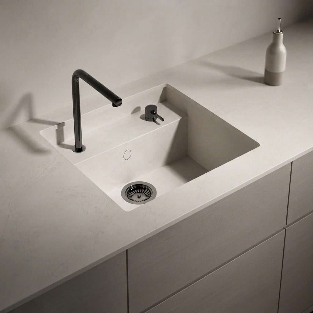 Silestone Siberian worktop with integrated sink, black tap and dispenser