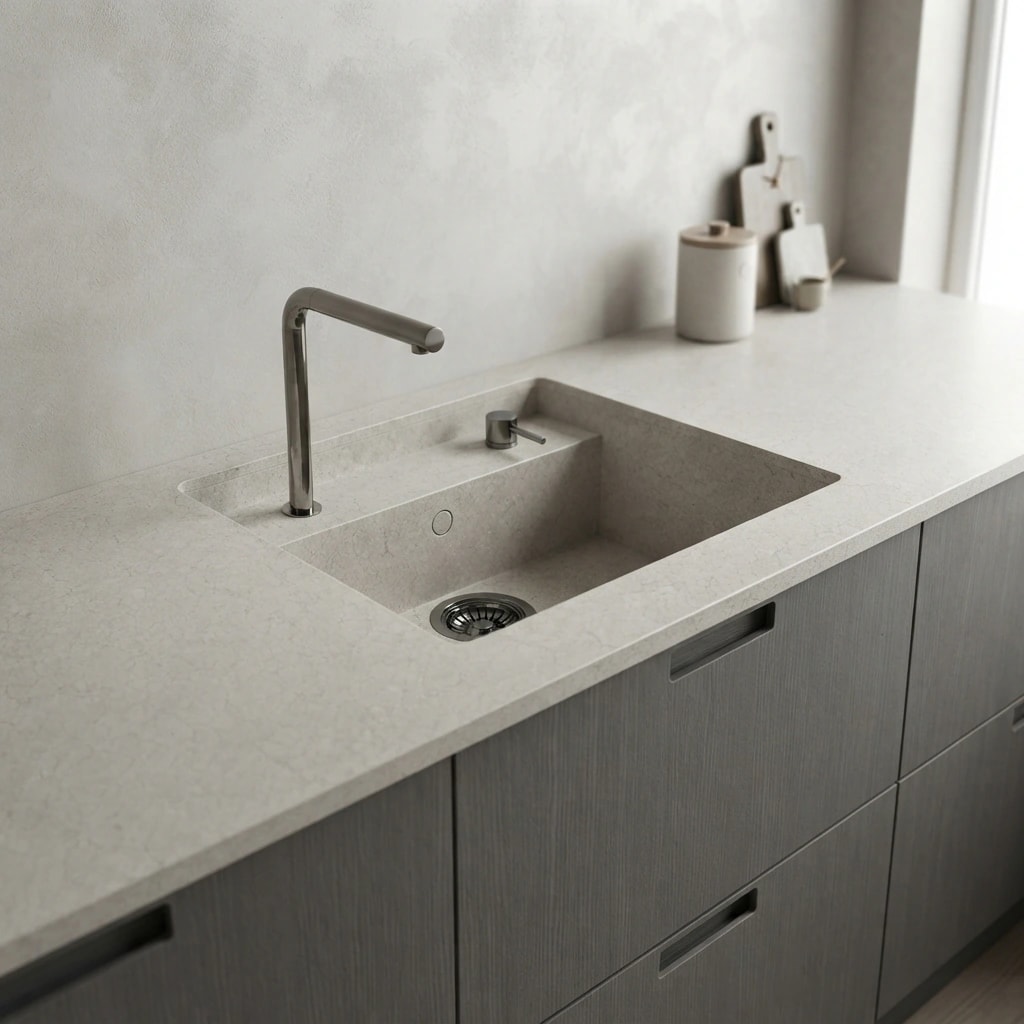 Silestone Snowy Ibiza countertop with integrated sink and kitchen faucet
