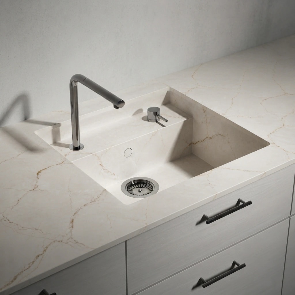 Silestone Versailles Ivory countertop with integrated sink, tap and light veined surface