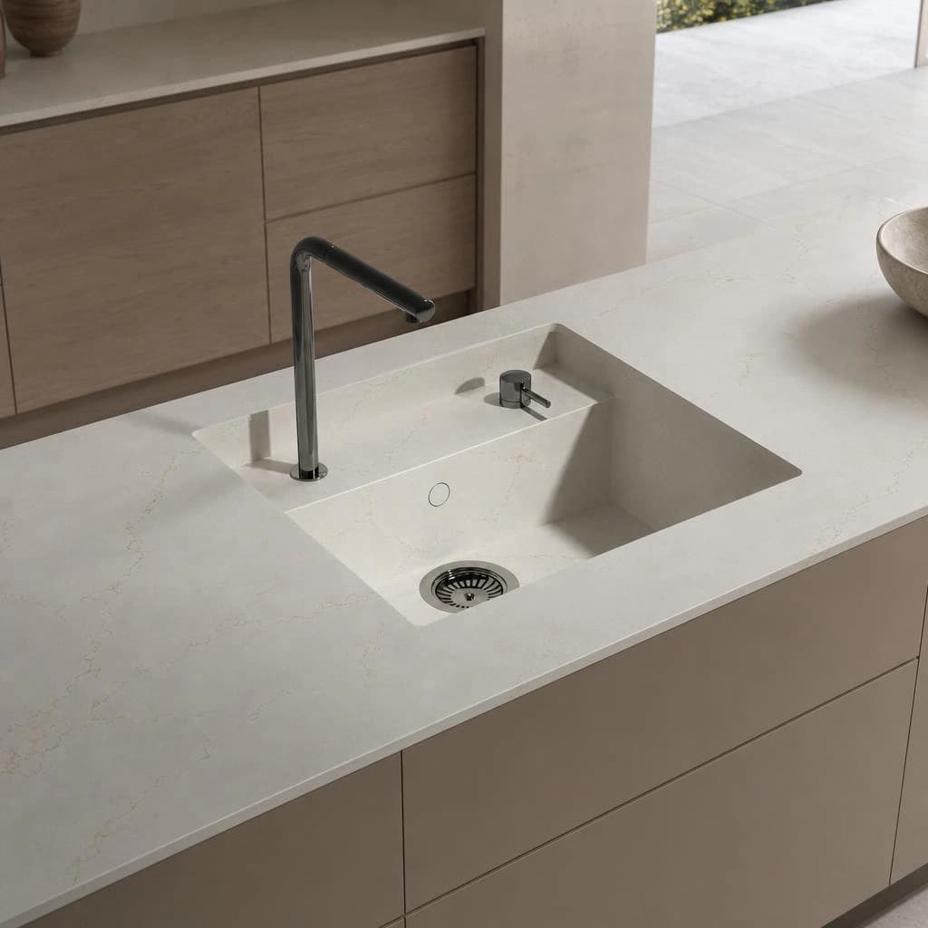 Silestone Victorian Silver countertop with integrated sink and black tap