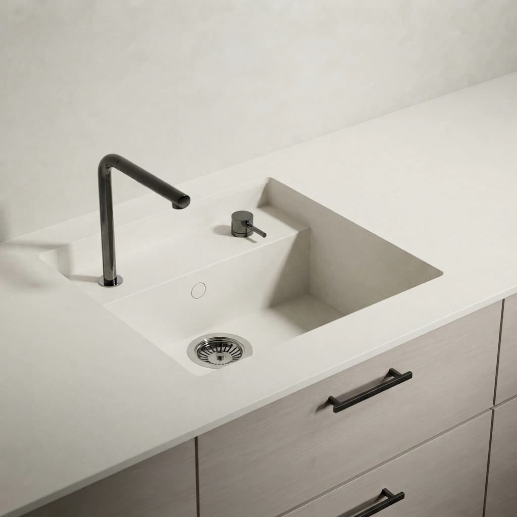 White Silestone White Zeus countertop with integrated sink and black faucet