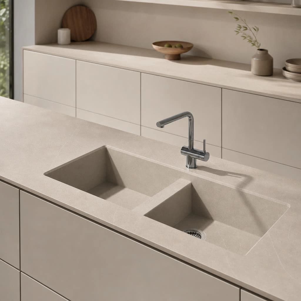 Dekton Adia countertop with integrated double-bowl sink and chrome faucet
