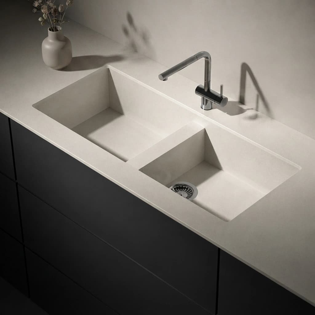 Arbeitsplatte Dekton Aeris Vadella mit integriertem Doppelspülbecken und Armatur