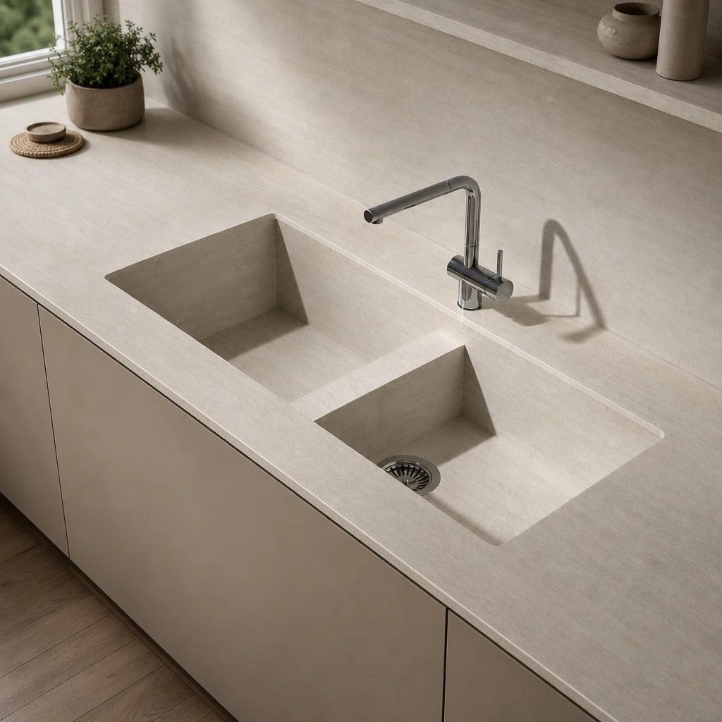 Dekton Arga countertop with integrated double-bowl sink and metal tap
