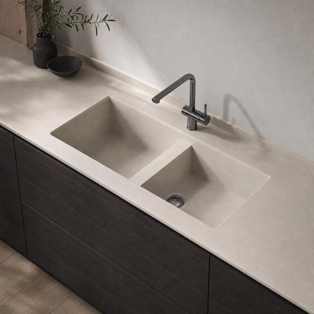 Dekton Vadella countertop in Argentium with an integrated double-bowl sink and chrome faucet