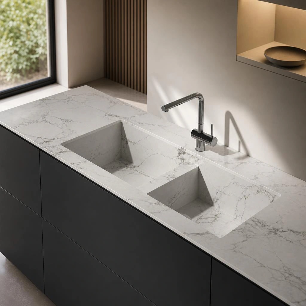 Dekton Vadella countertop in Aura with two integrated sinks and chrome faucet