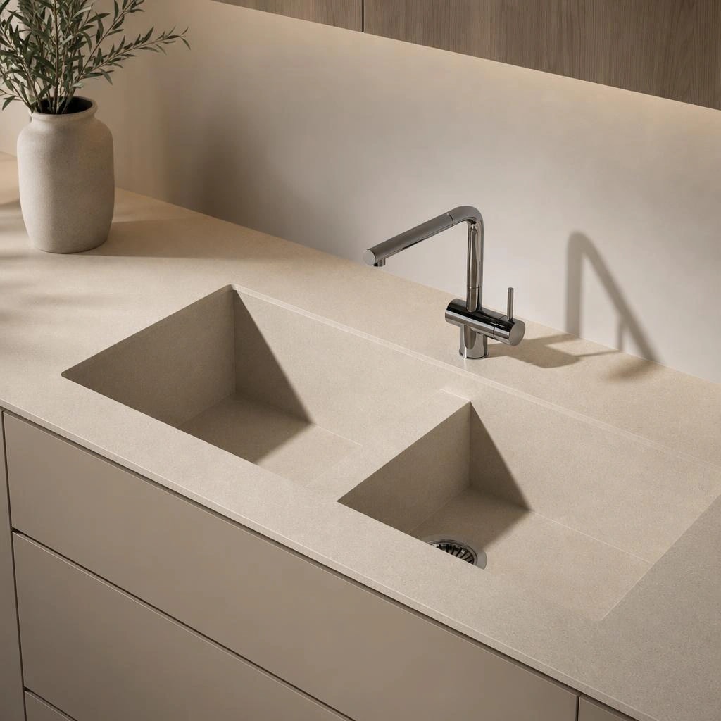 Dekton Avorio countertop with an integrated double-bowl sink and metal tap