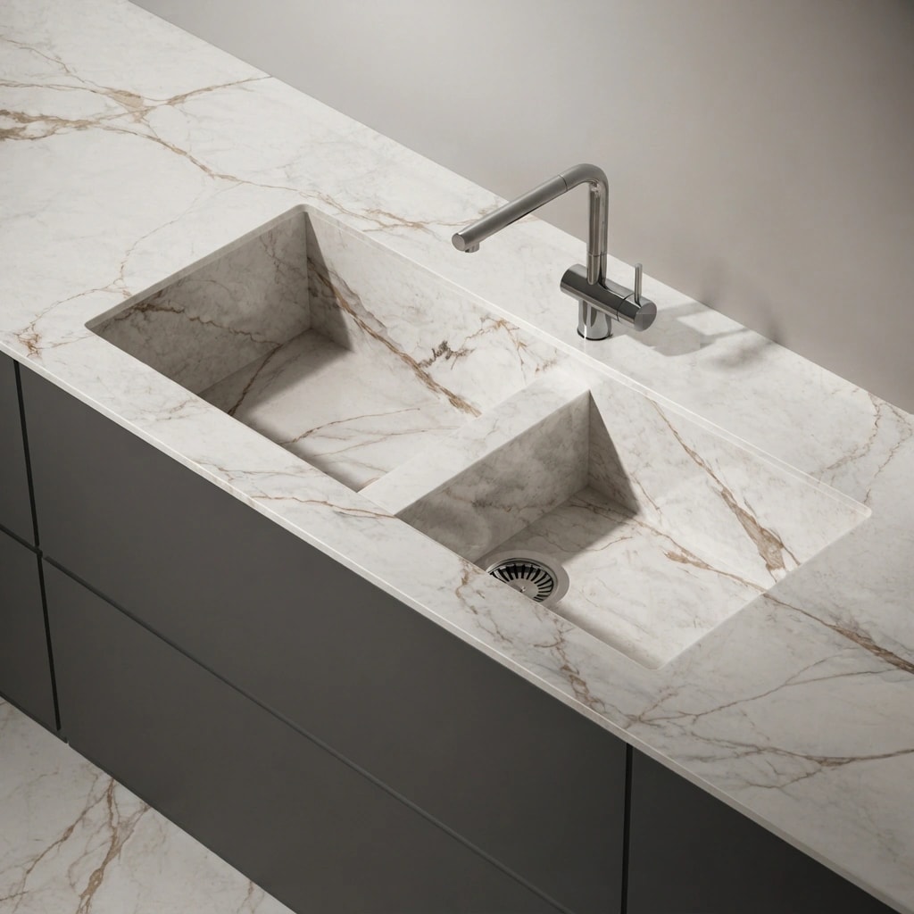 Dekton Vadella countertop in Awake with an integrated double-bowl sink and metal faucet
