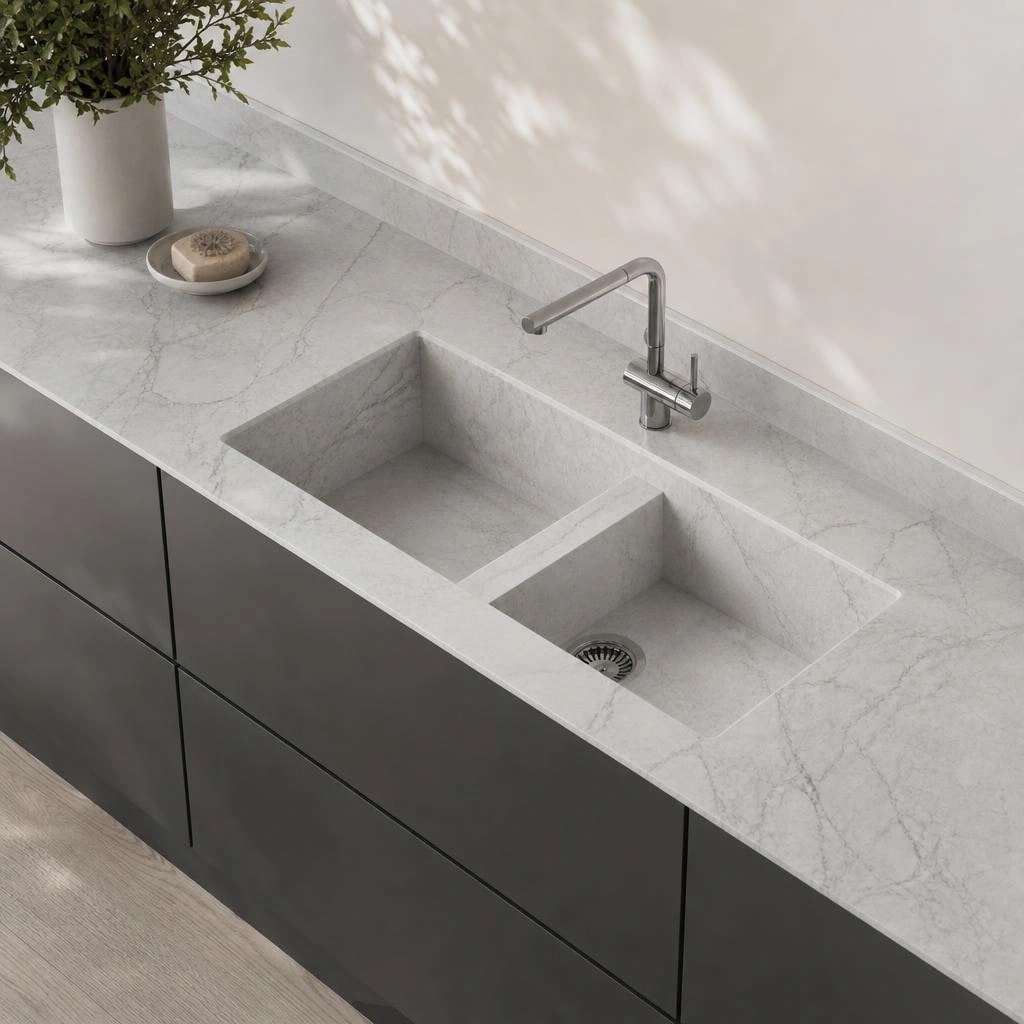 Dekton Bergen Vadella countertop with integrated double sink and metal faucet