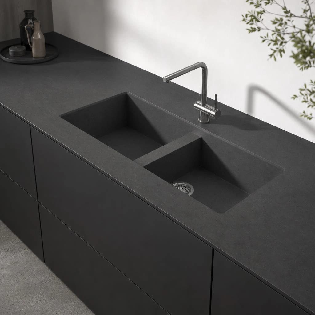Black Dekton Bromo countertop with an integrated double sink and metal tap